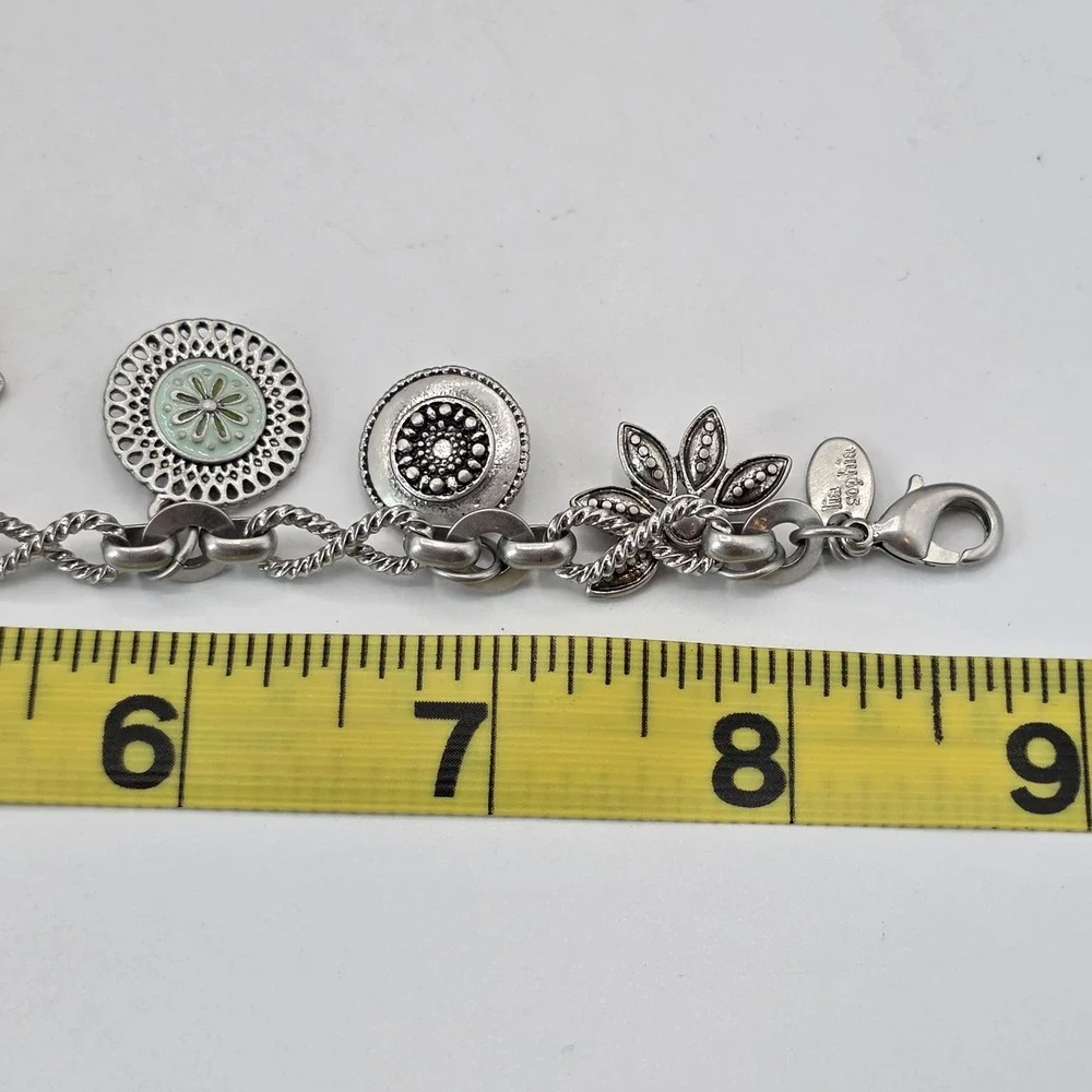 Lia Sophia Silver Tone Enamel Floral Charm Bracelet Green Brown Rhinestone 8.5in